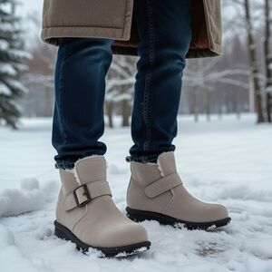 NIB UNISEX Katliu Gray Suede Adjustable Ankle Boots Faux Fur Lining Rubber Sole